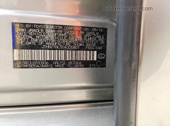 JTHBZ1BL5GA005807 2016 LEXUS GS Silver VIN sticker view
