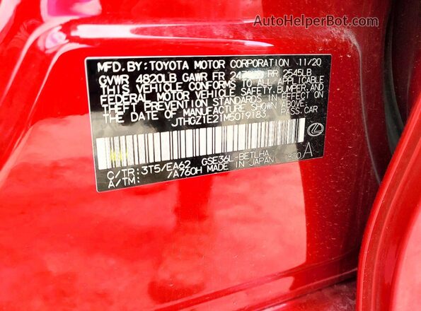 JTHGZ1E21M5019183 2021 LEXUS IS Red VIN կոդի պիտակի տեսք