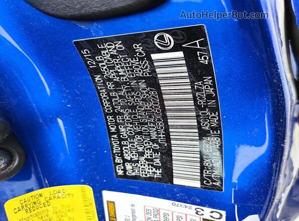 JTHHA5BCXG5002287 2016 LEXUS RC Blue Vista de la etiqueta del VIN