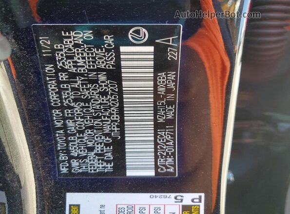 JTHP9JBH9N2057207 2022 LEXUS UX Black Widok naklejki z numerem VIN