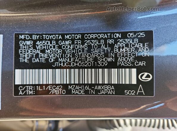 JTHUCJDH0S2011309 2025 LEXUS UX Gray Widok naklejki z numerem VIN