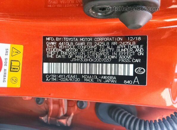 JTHY3JBH0K2007037 2019 LEXUS UX Orange VIN კოდის სტიკერის ხედი