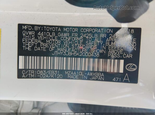JTHY3JBH5K2000438 2019 LEXUS UX 200 White Շարժիչի բաժամունքի տեսք