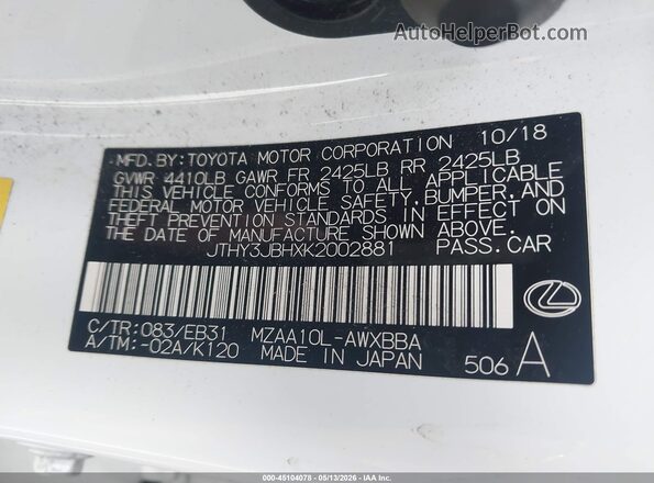JTHY3JBHXK2002881 2019 LEXUS UX 200 White Widok komory silnika