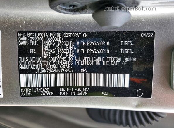 JTJAM7BX6N5327893 2022 LEXUS GX Серебряный Вид наклейки с VIN-кодом