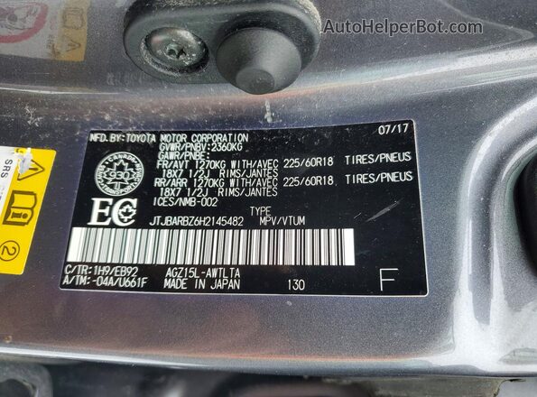 JTJBARBZ6H2145482 2017 LEXUS NX Silver Vista de la etiqueta del VIN
