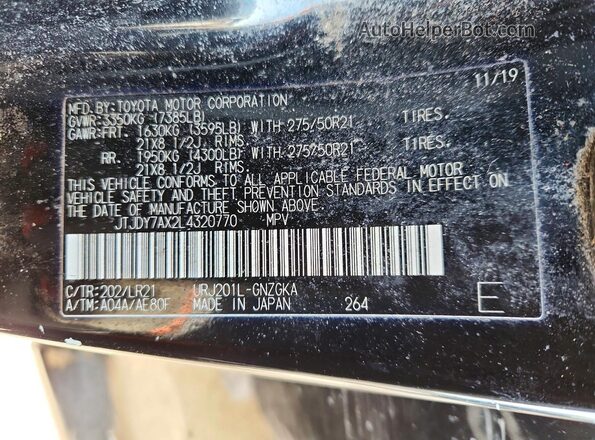 JTJDY7AX2L4320770 2020 LEXUS LX Black VIN sticker view