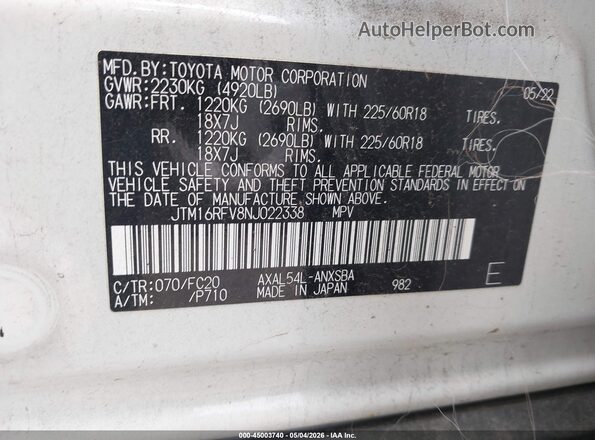 JTM16RFV8NJ022338 2022 TOYOTA RAV4 HYBRID White Engine compartment view