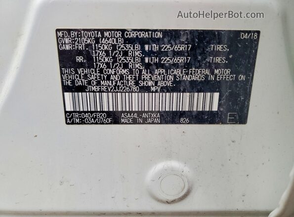 JTMBFREV2JJ226780 2018 TOYOTA RAV4 White Widok naklejki z numerem VIN