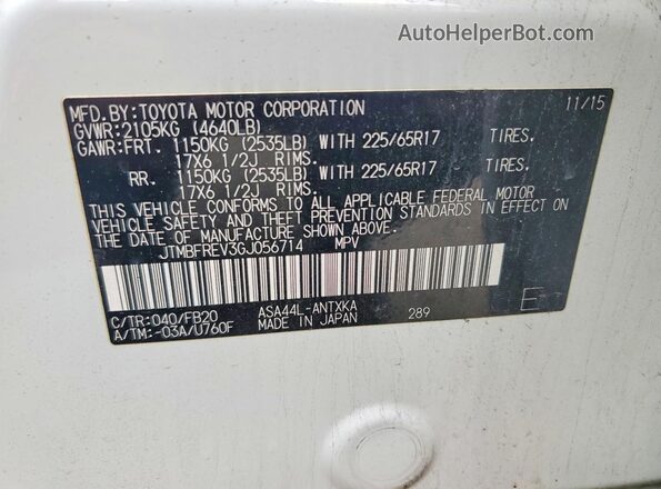 JTMBFREV3GJ056714 2016 TOYOTA RAV4 White Widok naklejki z numerem VIN