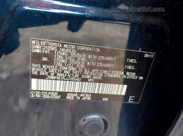 JTMBFREV5JJ185660 2018 TOYOTA RAV4 Синий Вид наклейки с VIN-кодом