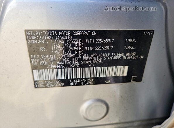 JTMBFREV6JJ196201 2018 TOYOTA LE Серебряный Вид наклейки с VIN-кодом