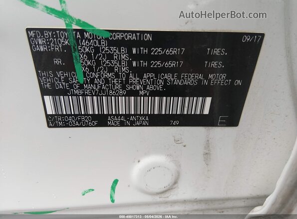 JTMBFREV7JJ186289 2018 TOYOTA LE White Вид підкапотного простору