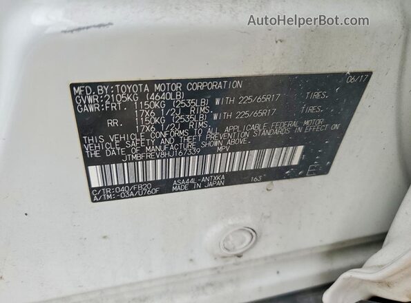 JTMBFREV8HJ167339 2017 TOYOTA RAV4 White Շարժիչի բաժամունքի տեսք
