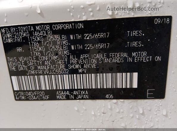JTMBFREV9JJ255032 2018 TOYOTA RAV4 Белый Вид подкапотного пространства