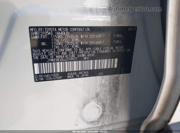 JTMBFREVXJJ719977 2018 TOYOTA LE White Widok komory silnika