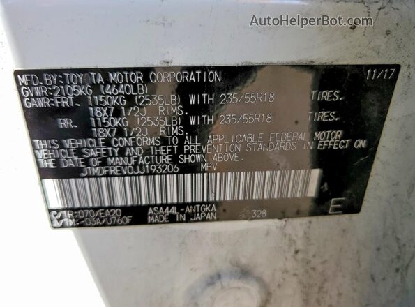 JTMDFREV0JJ193206 2018 TOYOTA RAV4 White Вид наклейки з VIN-кодом