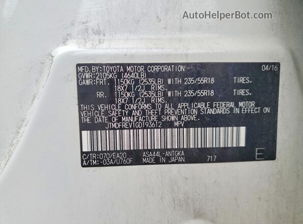 JTMDFREV1GD193612 2016 TOYOTA RAV4 White Widok wnętrza 360 stopni
