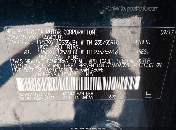 JTMDFREV9JJ185427 2018 TOYOTA RAV4 Синий Вид подкапотного пространства