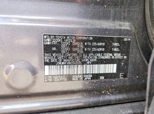 JTMDWRFV8KD503035 2019 TOYOTA RAV4 Gray Vista de la etiqueta del VIN