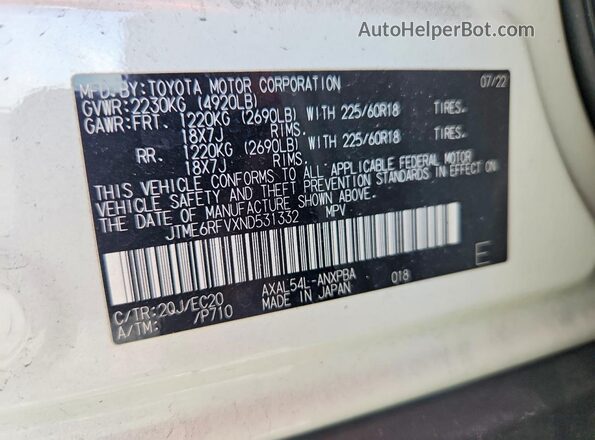 JTME6RFVXND531332 2022 TOYOTA RAV4 White Вид наклейки з VIN-кодом
