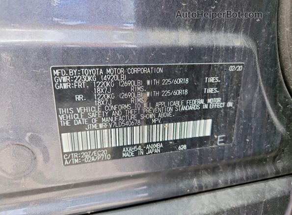 JTMEWRFV7LD540678 2020 TOYOTA RAV4 Gray Vista de la etiqueta del VIN