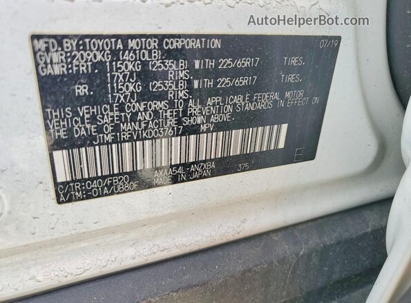 JTMF1RFV1KD037617 2019 TOYOTA RAV4 Белый Вид наклейки с VIN-кодом