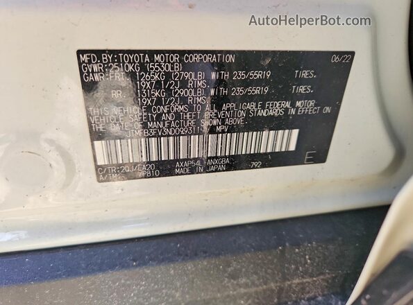 JTMFB3FV3ND099311 2022 TOYOTA RAV4 Белый Вид наклейки с VIN-кодом