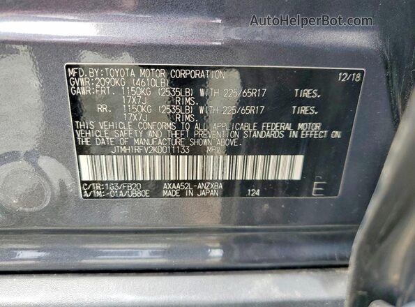 JTMH1RFV2KD011133 2019 TOYOTA RAV4 Gray Vista de la etiqueta del VIN