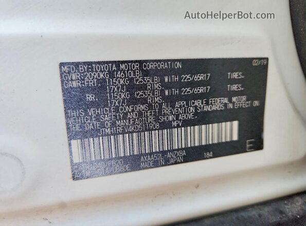 JTMH1RFV4KD511908 2019 TOYOTA RAV4 White VIN კოდის სტიკერის ხედი
