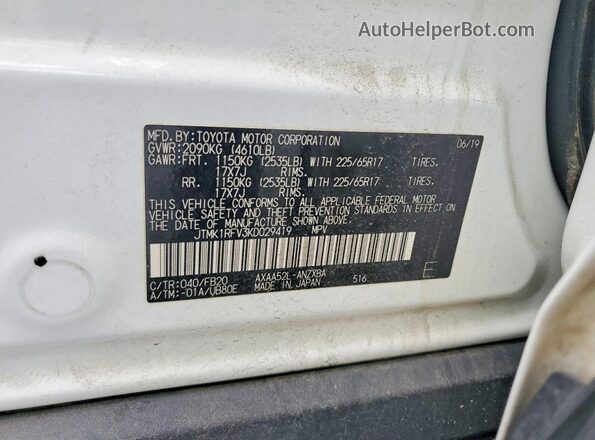 JTMK1RFV3KD029419 2019 TOYOTA RAV4 White Vista de la etiqueta del VIN
