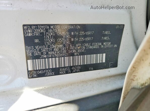 JTMK1RFV7ND089501 2022 TOYOTA LE Белый Вид наклейки с VIN-кодом