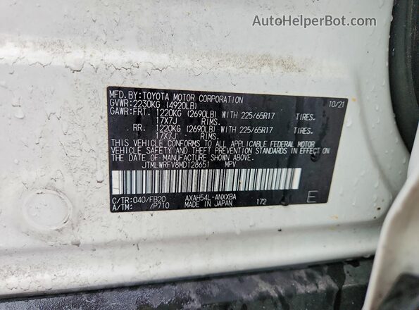 JTMLWRFV8MD128651 2021 TOYOTA RAV4 White VIN sticker view