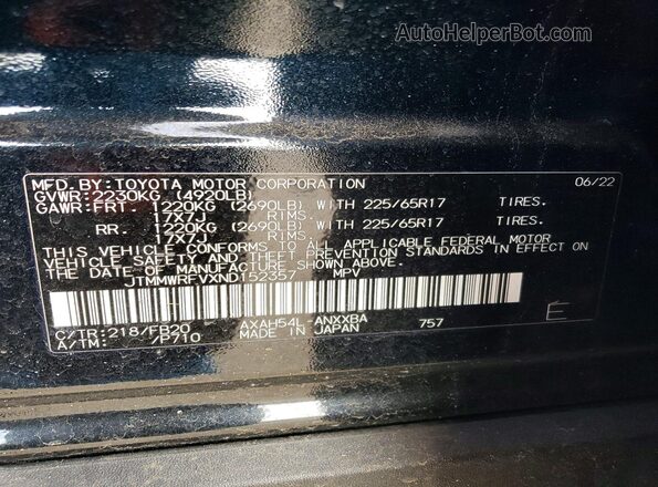 JTMMWRFVXND152357 2022 TOYOTA RAV4 Black Widok naklejki z numerem VIN
