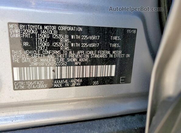 JTMP1RFV2KD502362 2019 TOYOTA RAV4 Silver Vista de la etiqueta del VIN