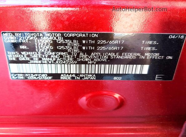 JTMRFREV1JD242269 2018 TOYOTA RAV4 Красный Вид наклейки с VIN-кодом