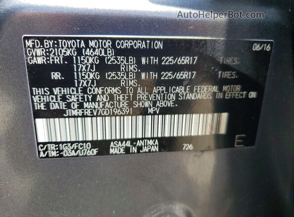 JTMRFREV7GD196391 2016 TOYOTA RAV4 Gray VIN կոդի պիտակի տեսք