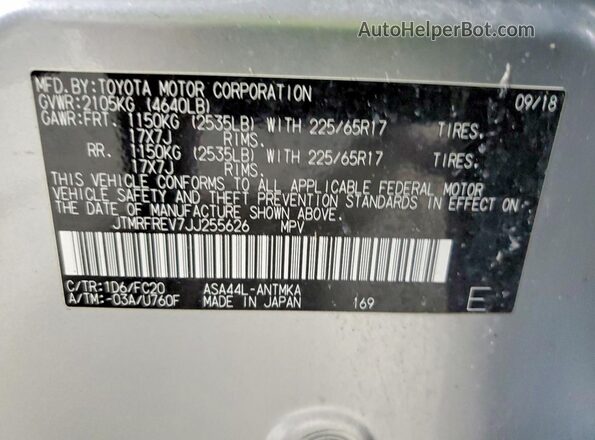 JTMRFREV7JJ255626 2018 TOYOTA RAV4 Серебряный Вид наклейки с VIN-кодом
