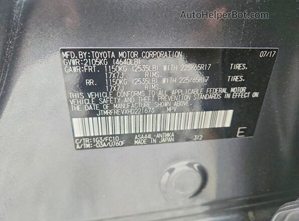 JTMRFREVXHD221673 2017 TOYOTA RAV4 Gray VIN կոդի պիտակի տեսք