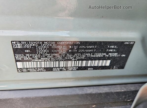 JTMRWRFV3LD071977 2020 TOYOTA RAV4 Серый Вид наклейки с VIN-кодом
