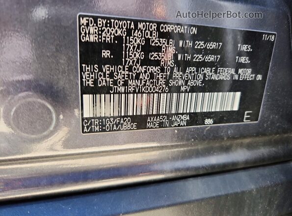 JTMW1RFV1KD004276 2019 TOYOTA RAV4 Gray VIN sticker view