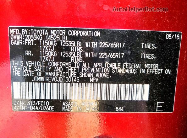 JTMWFREV0JD130145 2018 TOYOTA RAV4 Red Вид наклейки з VIN-кодом