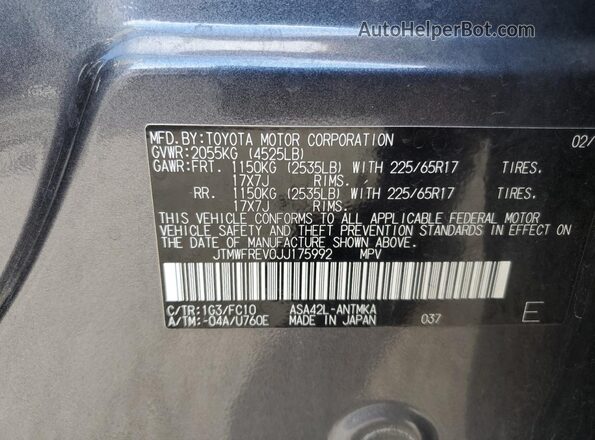 JTMWFREV0JJ175992 2018 TOYOTA RAV4 Gray VIN կոդի պիտակի տեսք