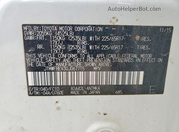 JTMWFREV3GJ067715 2016 TOYOTA RAV4 White Widok naklejki z numerem VIN