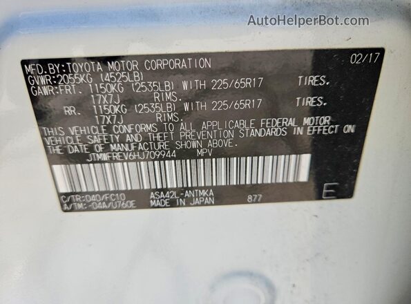 JTMWFREV6HJ709944 2017 TOYOTA RAV4 White VIN კოდის სტიკერის ხედი