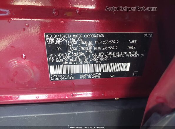 JTMY1RFVXLD519996 2020 TOYOTA LIMITED Красный Вид подкапотного пространства