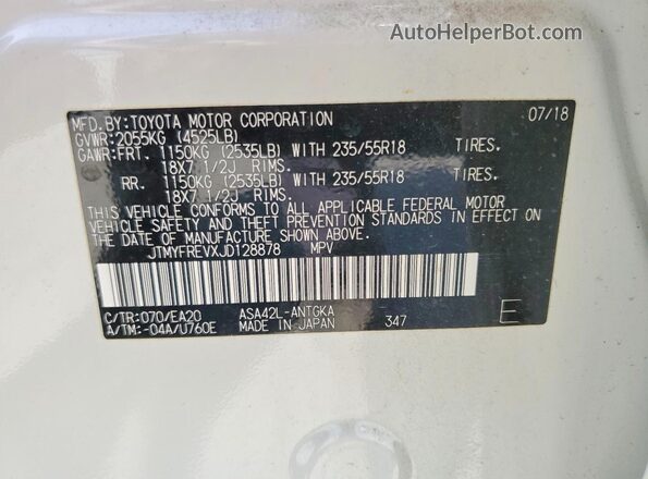 JTMYFREVXJD128878 2018 TOYOTA RAV4 Белый Вид наклейки с VIN-кодом