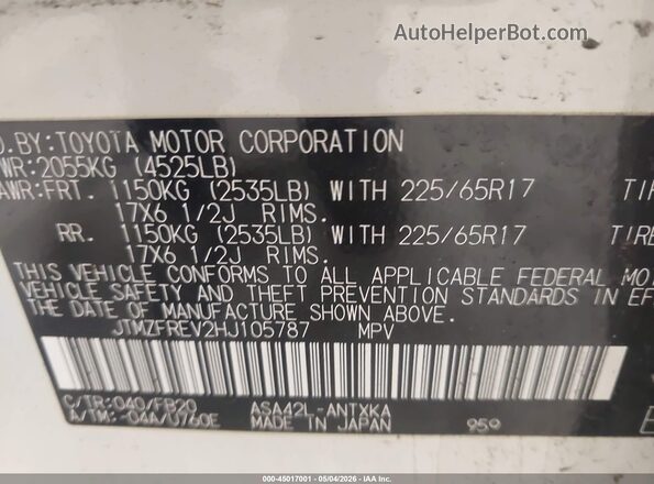 JTMZFREV2HJ105787 2017 TOYOTA LE Белый Вид подкапотного пространства