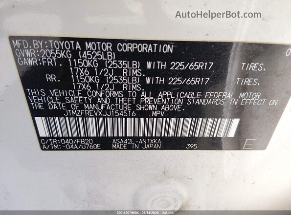 JTMZFREVXJJ154516 2018 TOYOTA RAV4 White Vista del compartimento del motor