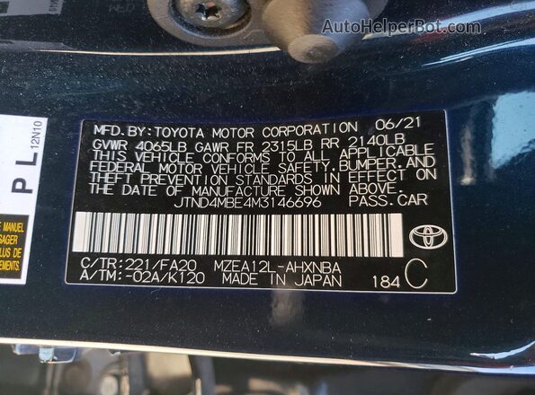 JTND4MBE4M3146696 2021 TOYOTA COROLLA Blue Widok komory silnika